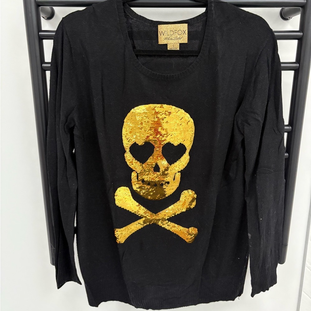 Wildfox Black Sweater with Gold Skull Design